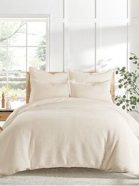 Levtex Cream Waffle Duvet Cover 3 pcs set. Textured Neutral Bedding..⭐️ GWP..